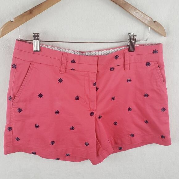 British Khaki Chino Shorts Women 8 Pink w/ Blue Ship Wheel Allover Embroidery - Picture 1 of 6